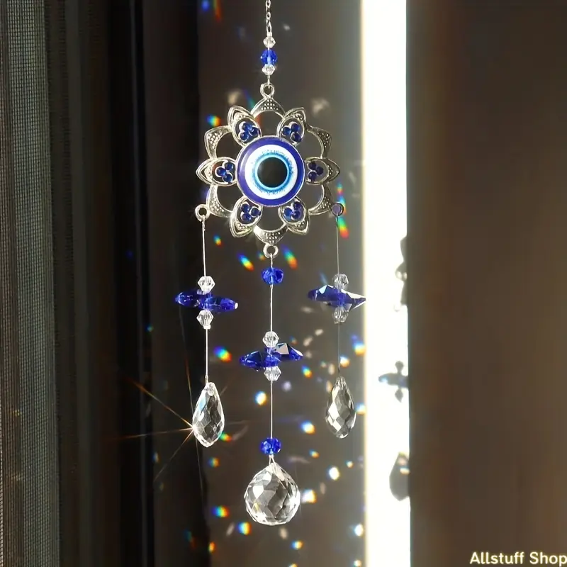 1pc Shiny Blue Crystal Evil Eye Hangable Suncatcher - Crystal, Bright, Eye-Themed, Blinged-Out, Funky Hanging Decor, DIY Luggage & Bag Accessory, Protective Housewarming Gift Creating Rainbows, Crystal Hanging Decor tiktokshopbacktoschool
