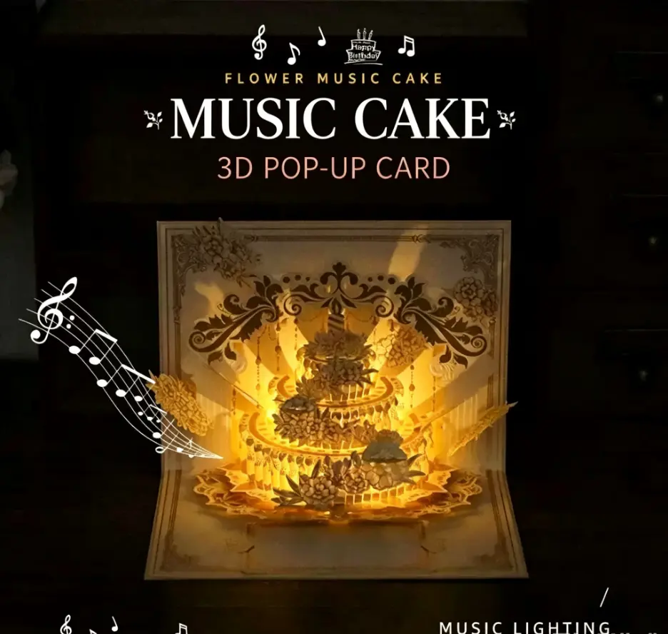 3D Birthday Cake Pop Up Greeting Card with LED Light & Musical Birthday Song, Envelope and Removable Message Card, Birthday Gift for Mom, Grandma, Wife & Friends