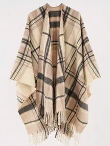 Women's Fitted Plaid Blanket Pattern Coat Capes, Stylish Shawl & Wrap for Fall Winter, Versatile Outerwear Accessory, Blanket Scarf