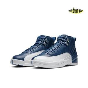 Indigo High-Top Retro Basketball Shoes with Smooth Leather and White Midsole Upper, Silver Metallic Lace Locks