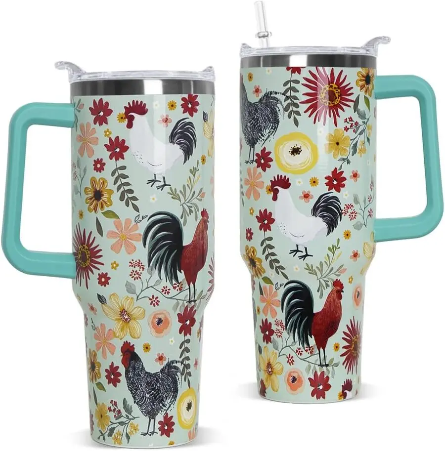 40 oz Stainless Steel Insulated Reusable Tumbler Cup - Hen-Themed Floral Rooster Animal Design, Portable Drinkware with Handle, Straw, Lid, Large Mouth, Coffee Flask, Kitchenware Decor Gift for Birthday, Thanksgiving Moms, Happy Birthday, Animals