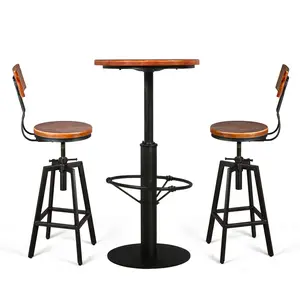 Industrial High Top Pub Table with Chairs Vintage 3 Pieces Coffee Table Set Rustic Bar Table and Stools for Kitchen Office Patio Swivel Height Adjustable