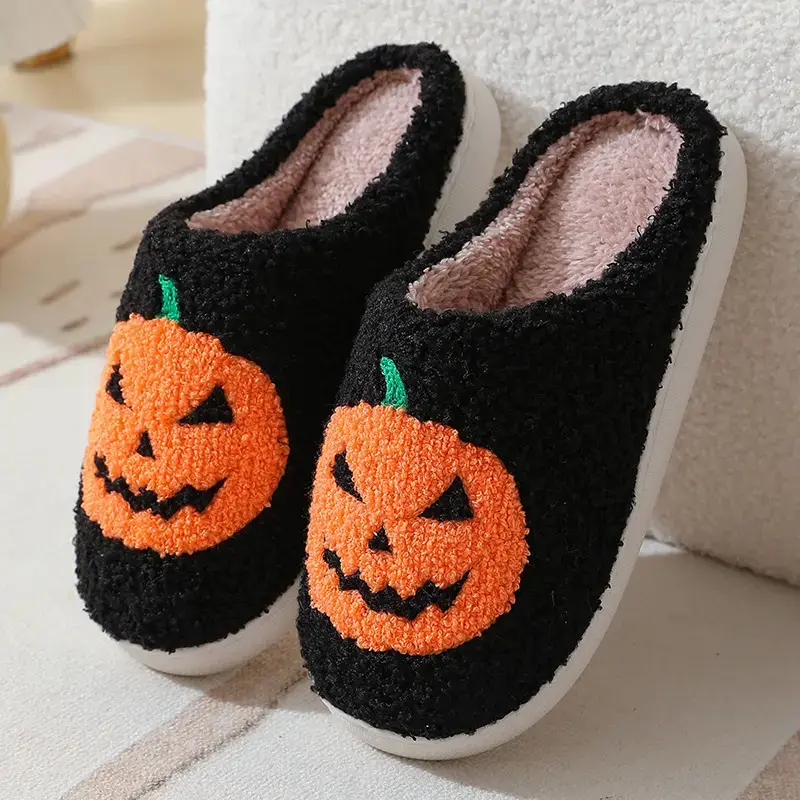Women's Halloween Round Pumpkin Plush Slippers, Faux Fur Lined Rubber Sole Slip-On Ankle Shoes, Flexible Non-Slip Fluffy House Slides