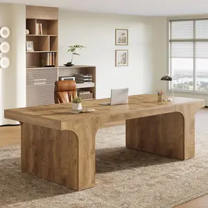 LITTLE TREE 70.87" Executive Office Desk, Large Workspace Computer Desk, Rustic Wooden Writing Table Simple Business Furniture with Arched Design for Home Office