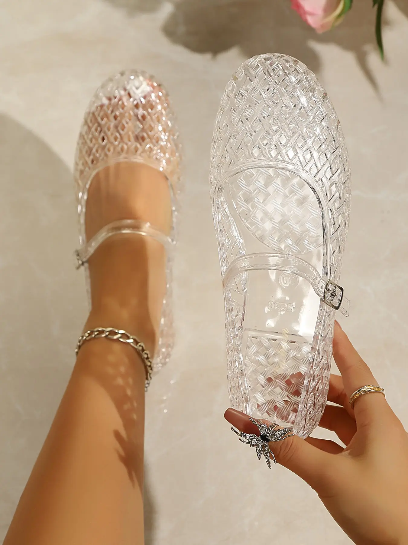 Women's Transparent Braided Jelly Mary Jane Flat Shoes, Breathable Round Toe, Sweet Style Design Summer Vacation Sandals, Casual PU Leather, Summer Footwear Shoe, Shoes Flats