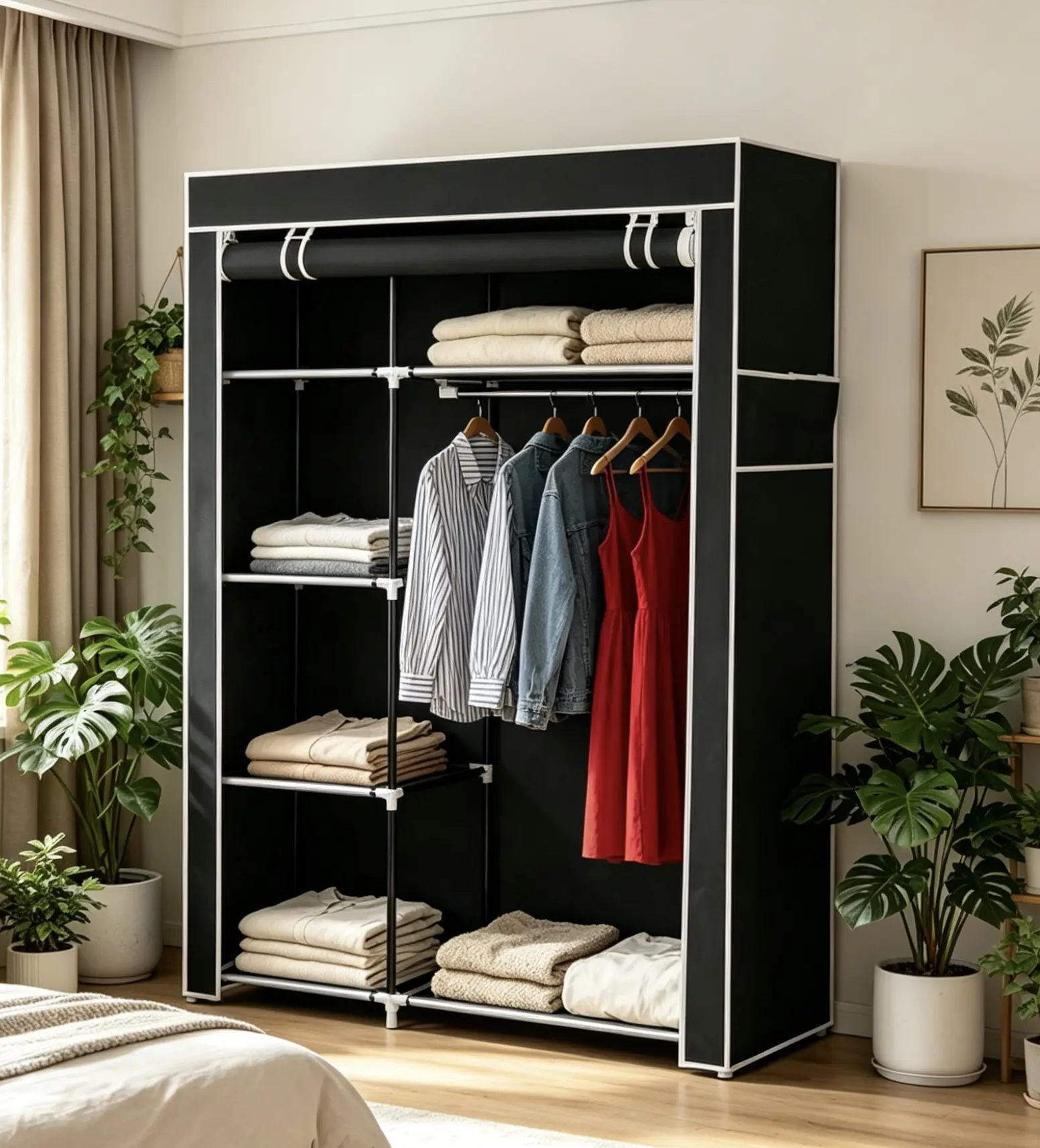 64 in Black Foldable Portable Clothes Armoire - Modern Storage Unit Wardrobe, Clothes Storage Organizer with Organizational Shelving, Closet Rack for Home Closet Satisfaction