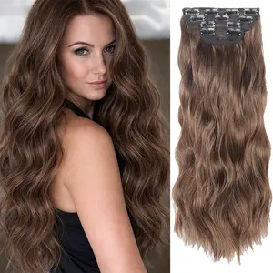 Clip in Hair Extensions Long Wavy 4PCS Thick Hairpieces Black Fiber Double Weft Natural Synthetic Hairpiece Extension 20 Inch for Women Daily Party Dark Brown Mixed Light Brown Full Head