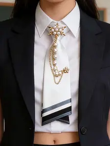 Pre-Tied Imitation Pearl Tie, Metal Necklace Accent, Satin School Tie, Essential for Shirts, Uniforms, Parties, Graduation, Daily Wear