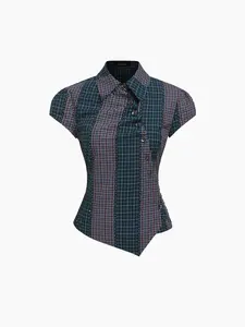 Cider Women's Asymmetrical Button, 2-Tone, Patched Blouse