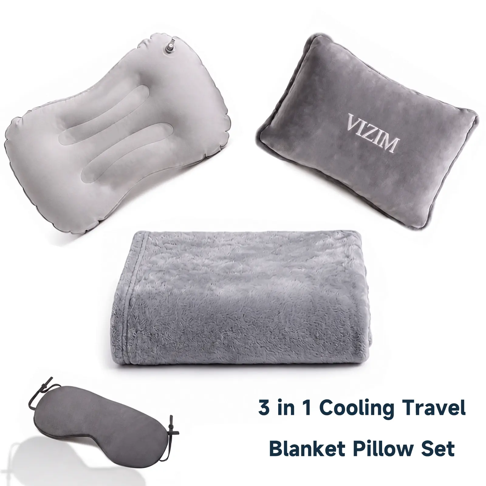 VIZIM 3-in-1 Cooling Travel Blanket Pillow Set - Portable Blanket, Skin-Friendly, Compact Sleep Kit with Inflatable Pillow, Eye Mask, Storage Bag for Airplane, Camping, Skin Friendly Blanket