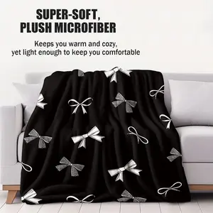 Sweet and cool dark style black and white bow print flannel blanket, Lightweight flannel blanket, soft and light, suitable for sofa, bedroom and travel, is a perfect personalized gift, Soft Warm Blanket, Soft Fluffy Blanket