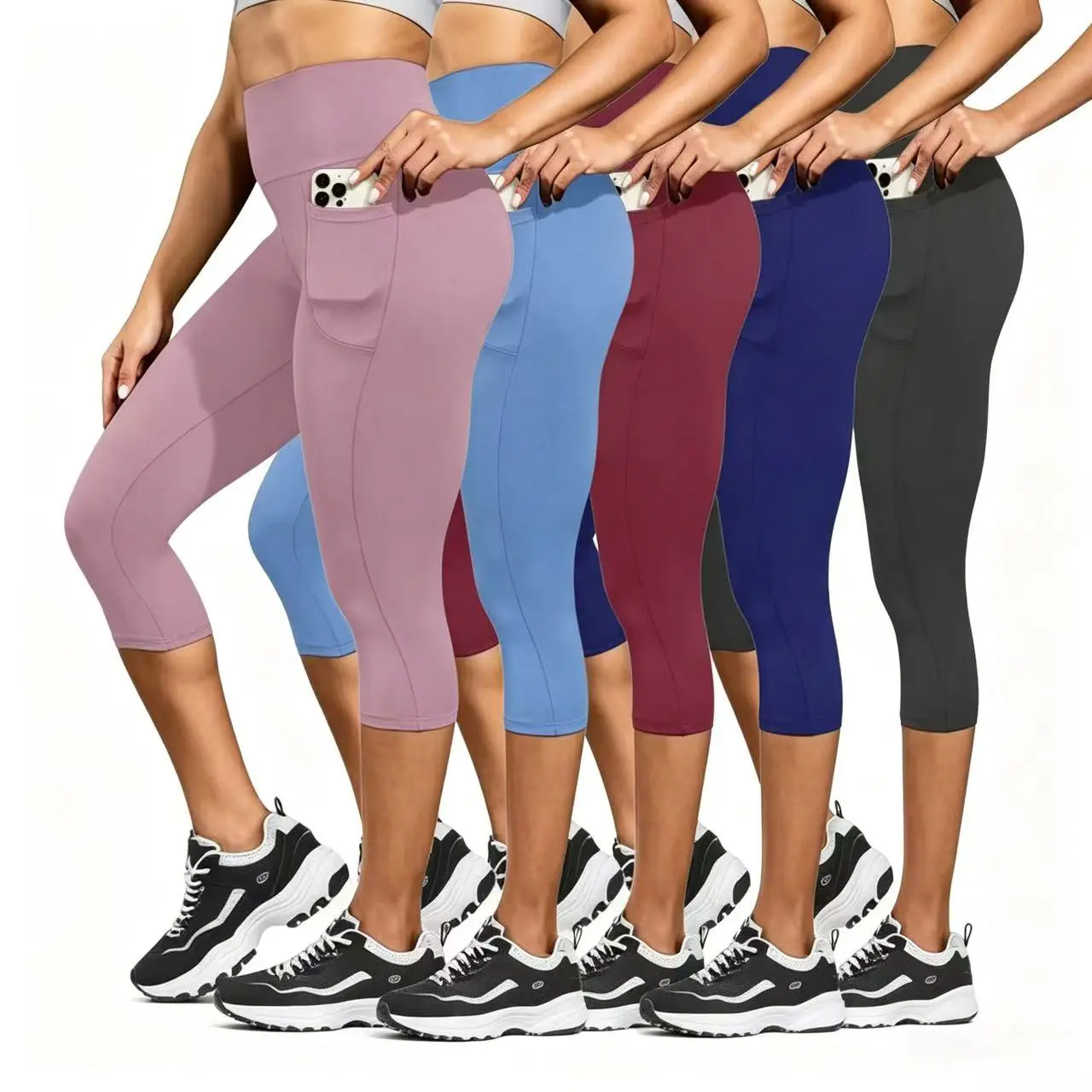 Women’s 5-Pack High Waist Tummy Control Capri Yoga Leggings - Sporty Chic, Skinny Cut, Twill & Double-Sided Brushed Fabric, Pockets, Universal Sport & Casual Wear for Spring, Autumn, Twill Fabric