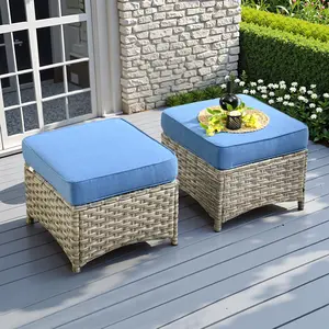 OVIOS 2-Piece Outdoor Patio Ottoman Set, Wicker Footrest with Cushions, All-Weather Outdoor Seating for Backyard Patio Porch Deck Garden Balcony Patio Furniture Set Lounge