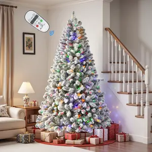 Pre-Lit Flocked Spruce Artificial Hinged Christmas Tree with Remote, Timer and 250 Warm White & Multi-Color Lights, 642 Branch Tips, Perfect Choice for Xmas Decoration
