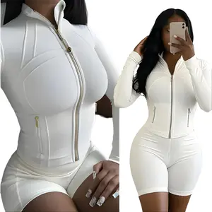 Women's 2-Piece Gym Set - Breathable Elasticity Zip-Up Jacket & Shorts - Casual Activewear for Fitness & Athleisure Trend
