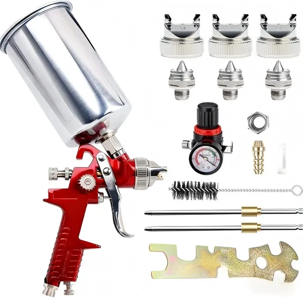 Professional Spray Gun Kit | 1.4/1.7/2.0mm Nozzles | 1000cc Aluminum Cup & Air Pressure Gauge | For Auto Paint, Primer & Clear Coat， tool kit