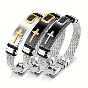 Ring  necklace  watch  scarf Elegant Men's bracelet with Golden/Silvery cross design, casual, perfect temperament, fashionable mesh belt, optional single piece or set, with safety buckle, perfect decoration for daily and party wear, perfect