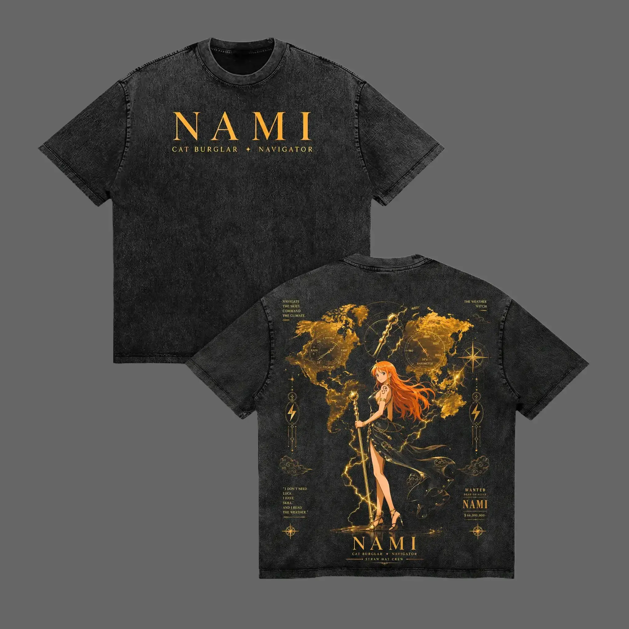 Nami Weather Witch One Pieceee Anime Graphic T-Shirt, Clima Tact Navigator Vintage Washed Tee, Straw Hat Crew Oversized Manga Streetwear Shirt s day fashion outfit Unisex Vintage Graphic T-Shirt Y2K Cotton Tshirt graphic streetwear t-shirt gift