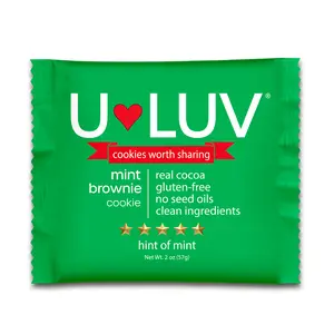 U-LUV Mint Brownie Cookie 4 Pack: Rich brownie flavor with a smooth mint finish. Soft-baked and refreshing mint chocolate. Gluten-Free • Top 14 Allergen-Free • Seed Oil-Free • No Food Dyes • No Preservatives