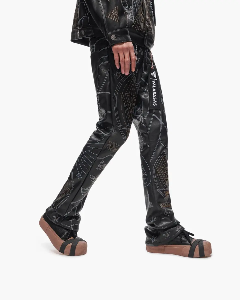 Men's Black Stacked Leather Pants - Contemporary Streetwear with Paneled Details and Extended Inseam, Menswear, Contemporary Men's Pants