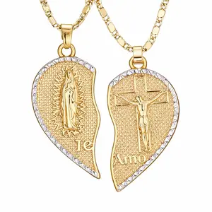 Virgin Mary Heart Necklace 14K Gold Plated Double Chain Combination Prayer Pendant for Women & Men TE AMO Inscribed Couple Necklace Religious Symbolism Elegant Dual Heart Design 55&60cm Chain Length
