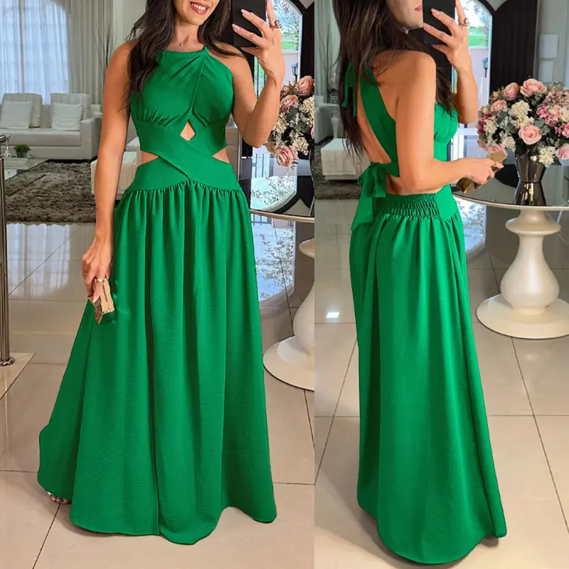 Women's Halter Sleeveless Tied Detail Shirred Criss Cross Flared Dress Glamorous Evening Dress