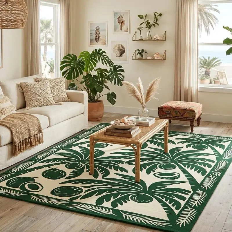 Tropical Palm Pattern Area Rug | Green Coconut Motif