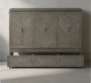Queen Size Pine Wood Murphy Cabinet Bed with Built-in USB Charging Station and Geometrical Decoration Panel