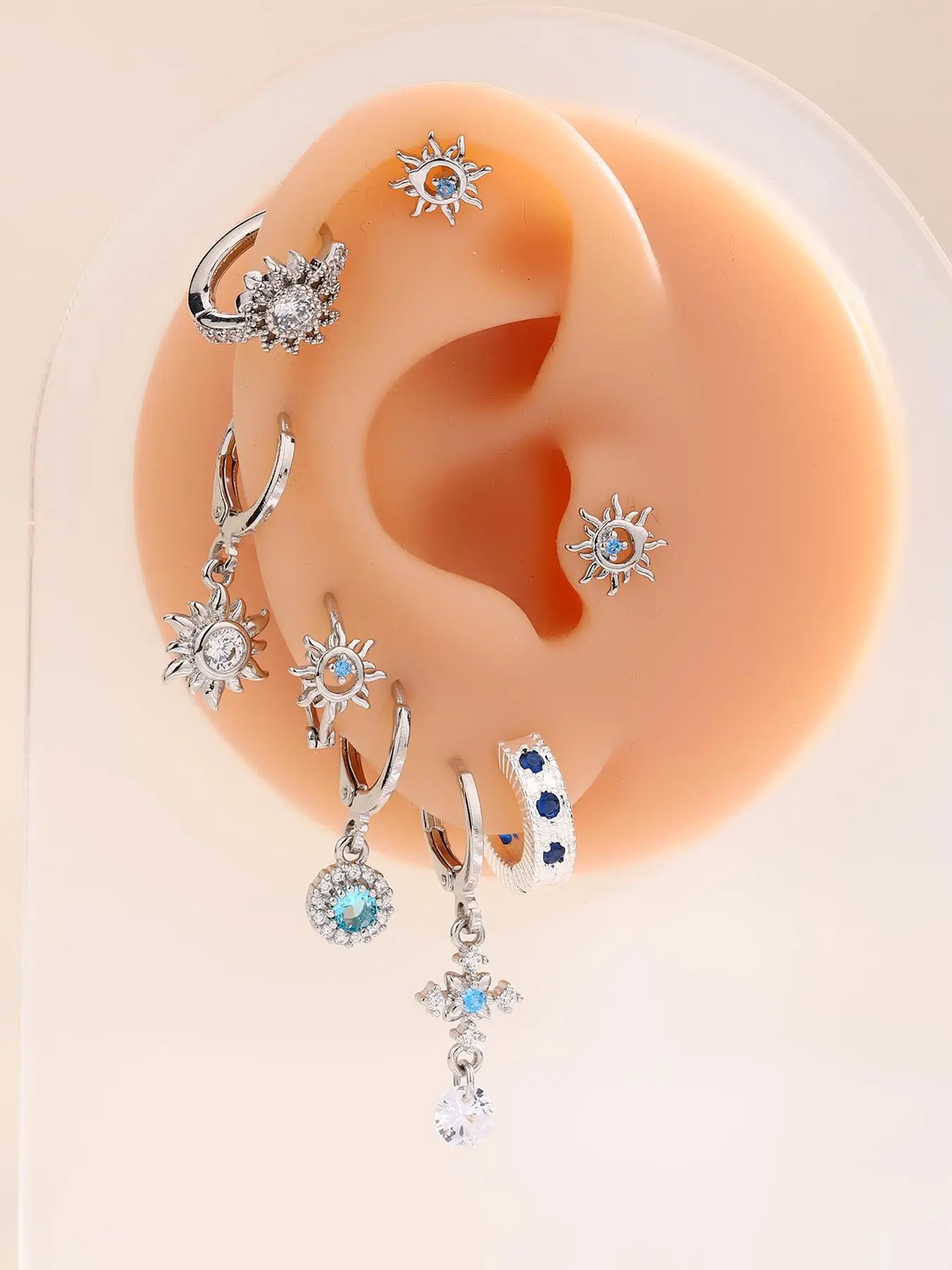 Fashionable 13 Piece Blue Sunflower Artificial Zircon Earrings Set, Stylish Drop Earrings for All Seasons, Unique Floral and Geometric Patterns, Dangle Earrings Set, Dangling Earrings