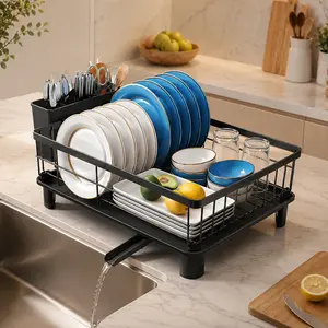 SNTD Space-Saving Dish Drying Rack for Small Kitchen & Apartment – Compact Stainless Steel Plate Drainer with Utensil Holder and Drainboard, 11" W x 15" L