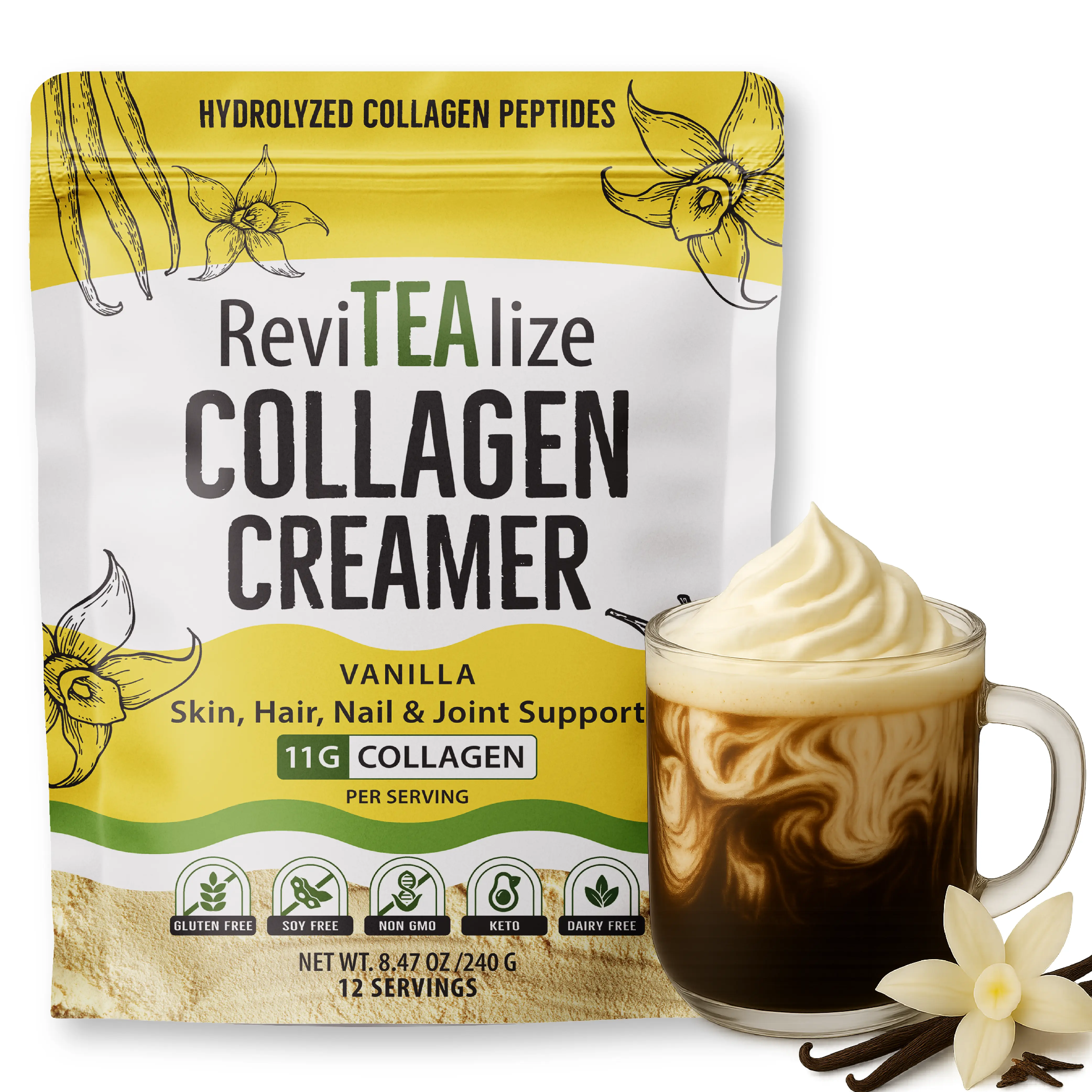 Collagen Creamer for Coffee, Tea & Beverages - Grass Fed Collagen Peptide Powder with MCT Oil for Hair, Skin, Nails & Joint Support - 11g protein - Healthy Collagen Supplement