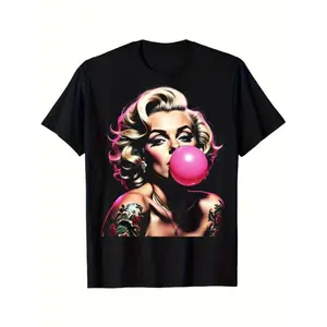 Men's Short-Sleeve Vintage Pin-Up Tattoo Graphic T-Shirt - Soft Cotton Round Neck Streetwear Top, Black with Bubblegum Design, Casual Summer Tee, Ideal for Gifting,summervibes