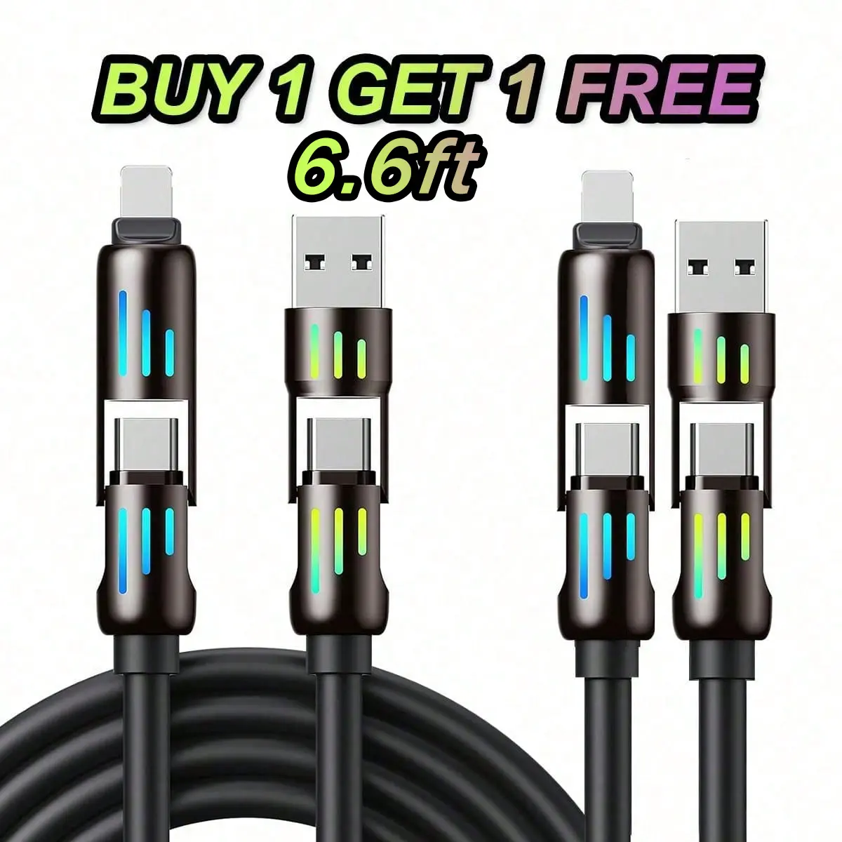 【2 for 1 Deal】Mobile 4-in-1 240W 6.6ft USB A/C-to-C/Lightning Sync Charging Cable with LED, Alloy Adapter, Compatible with iPhone 17/16/15/14 Pro Max, MacBook Air Pro, Samsung S25, Switch, PS5, PS5 Accessories, iPad