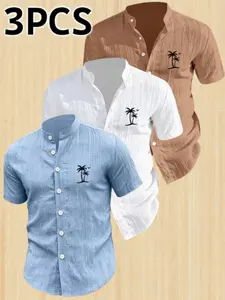Men's Summer Short Sleeve Shirt Set, Lightweight Breathable Pure Color Print Stand Collar Casual Button-Up Top, Beach Vacation Pool Party Daily Wear