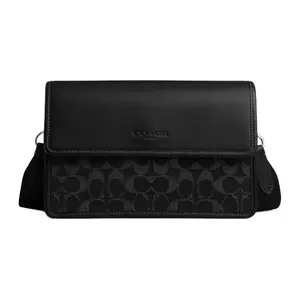 COACH Turner 24 Snap-Front Crossbody Bag for Men – Denim and Smooth Calfskin Blend, Medium Size, Black