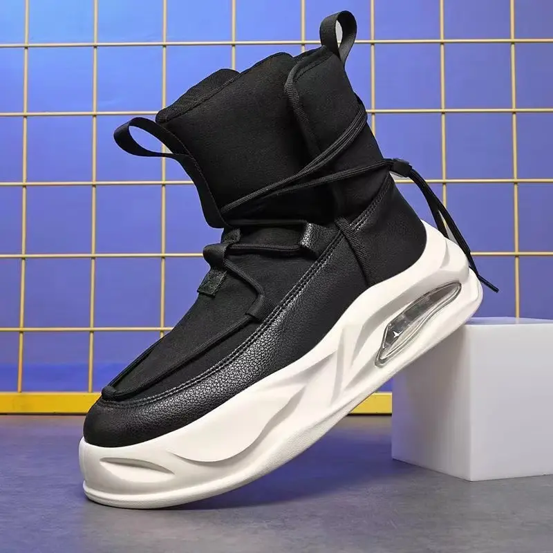 [Trendy Streetwear Boots] Black High-Top Sneakers - Casual & Trendy, Versatile Streetwear Boots with Lace-Up Closure,Height increasing thick sole rubber sole - Korean Version