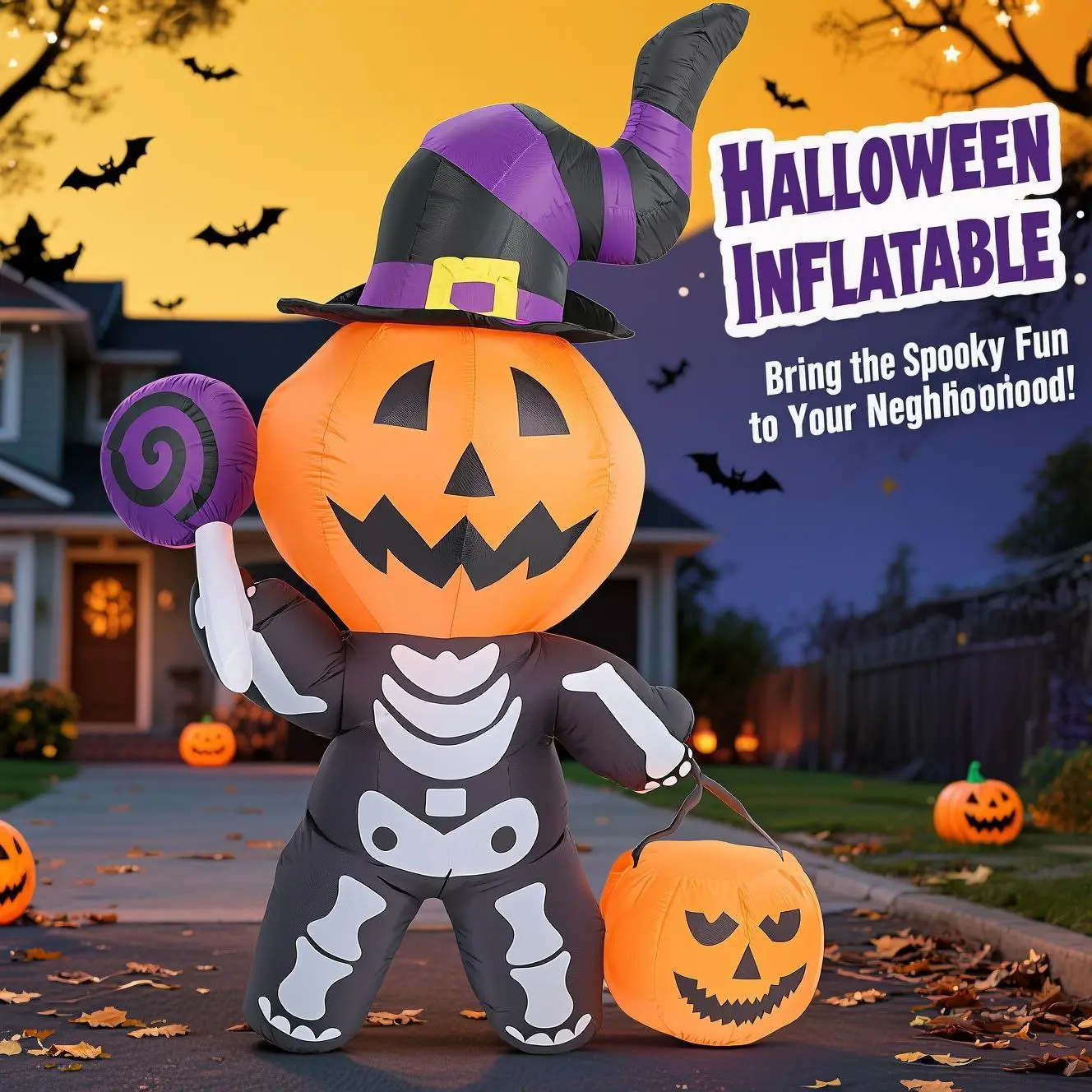 5.5FT Pumpkin Skeleton Ghost Inflatable Halloween Decoration Yard Decor Outdoor Blow Up with Built-in LED Light for Lawn Garden