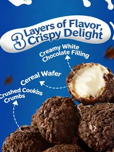 Cream-filled cookie balls — Lava molten cookie mini rounds with a crispy shell and flowing inner filling; sweet snack for adults and children; individually packaged small servings.