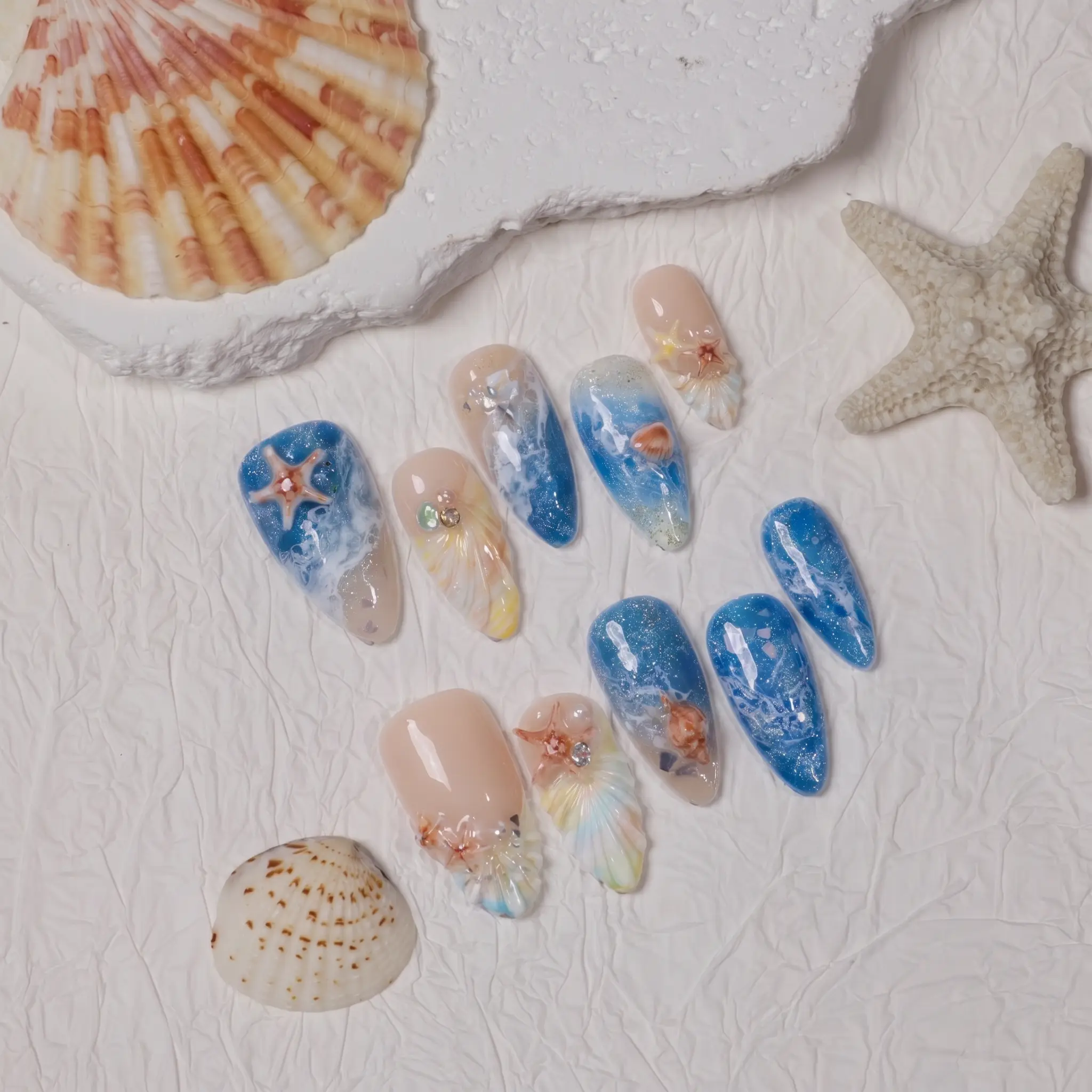 [Exclusive to TTS]Beetles Ocean Shell Handmade Press On Nails Set, Beach-Inspired False Nails with Nail Glue & Adhesive Tabs, Cute Summer DIY Manicure Kit for Vacation, Party & Daily Wear