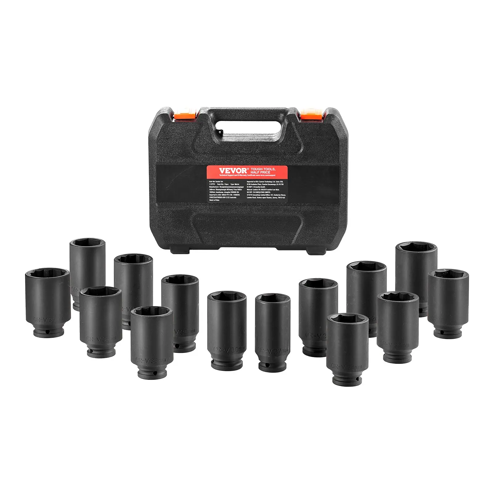 【Summerfinds】VEVOR Axle Nut Impact Socket Set - 1/2" Drive Deep 6+12-Point 14-Piece Metric Spindle Nut Socket CR-V Heat Treated Large Socket Set with Storage Case for Auto Repair Removing or Installing Axle Nuts