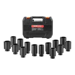 VEVOR Axle Nut Impact Socket Set - 1/2" Drive Deep 6+12-Point 14-Piece Metric Spindle Nut Socket CR-V Heat Treated Large Socket Set with Storage Case for Auto Repair, Summervibes, Removing or Installing Axle Nuts