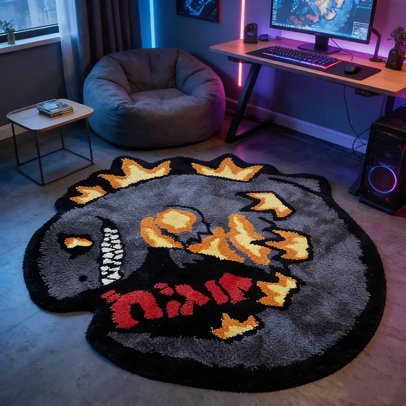 Trendy Flame Monster Gaming Rug, Fluffy Rug, Super Soft Rug, Thick Plush Floor Mat for Game Rooms, Anti-Slip Mat for Gaming Chairs, Soft and Absorbent Mat for Bedroom Bedside, Decorative Rugs, Suitable for Industrial/Cyberpunk Home Decor