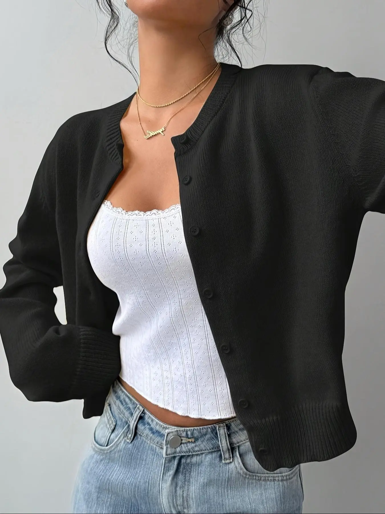 New Women's Short Slim Fit Basic Fashion Elegant Casual Spring Autumn Comfortable Outdoor Return School Female Knitwear Knitted Cardigan Plain Button Straight Long Sleeve Knit Top Casual Fitted Knitwear Buttons Front Cardigan