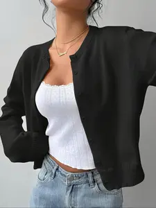 Women's Y2K Style Fitted Long Sleeve Knit Top, Solid Color Button Front Cardigan, Casual All-Season Knitwear Outerwear for Spring Fall Winter