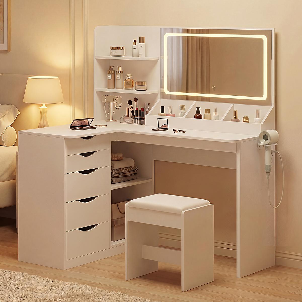 FURMAX Corner Makeup Vanity Desk with Lights and Mirror, 47" L Shaped White Vanity Set with Cushioned Stool& Charging Station, , 5 Drawer, Adjustable 3 Lighting Mode, Bedroom Large Dressing Table