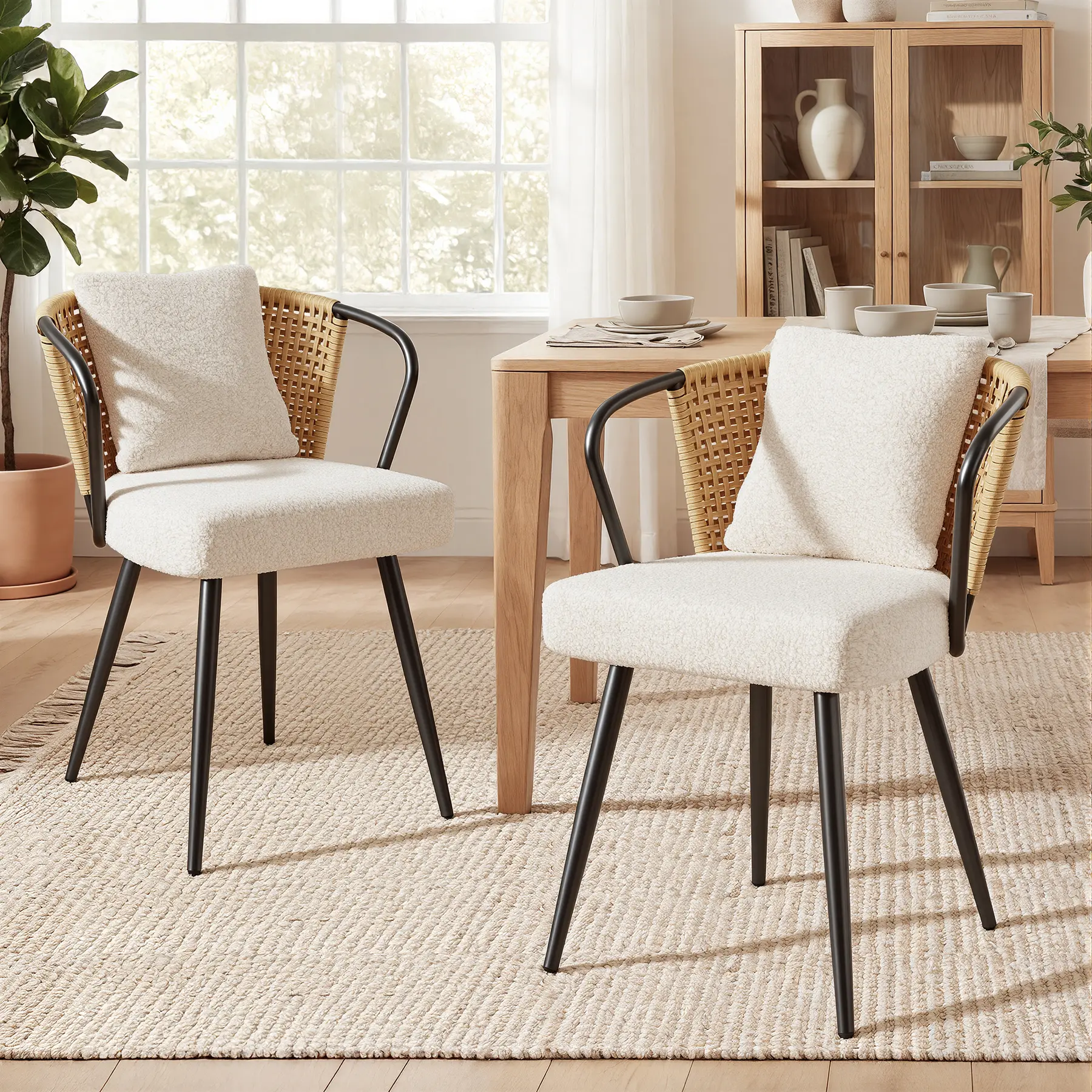 Rattan Dining Chairs Set of 2/4, Upholstered Kitchen Chair with Metal Legs, Ergonomic Curved Backrest, Mid Century Modern Living Room Lounge with & Throw Pillow, Natural,dorm essentials,home decor