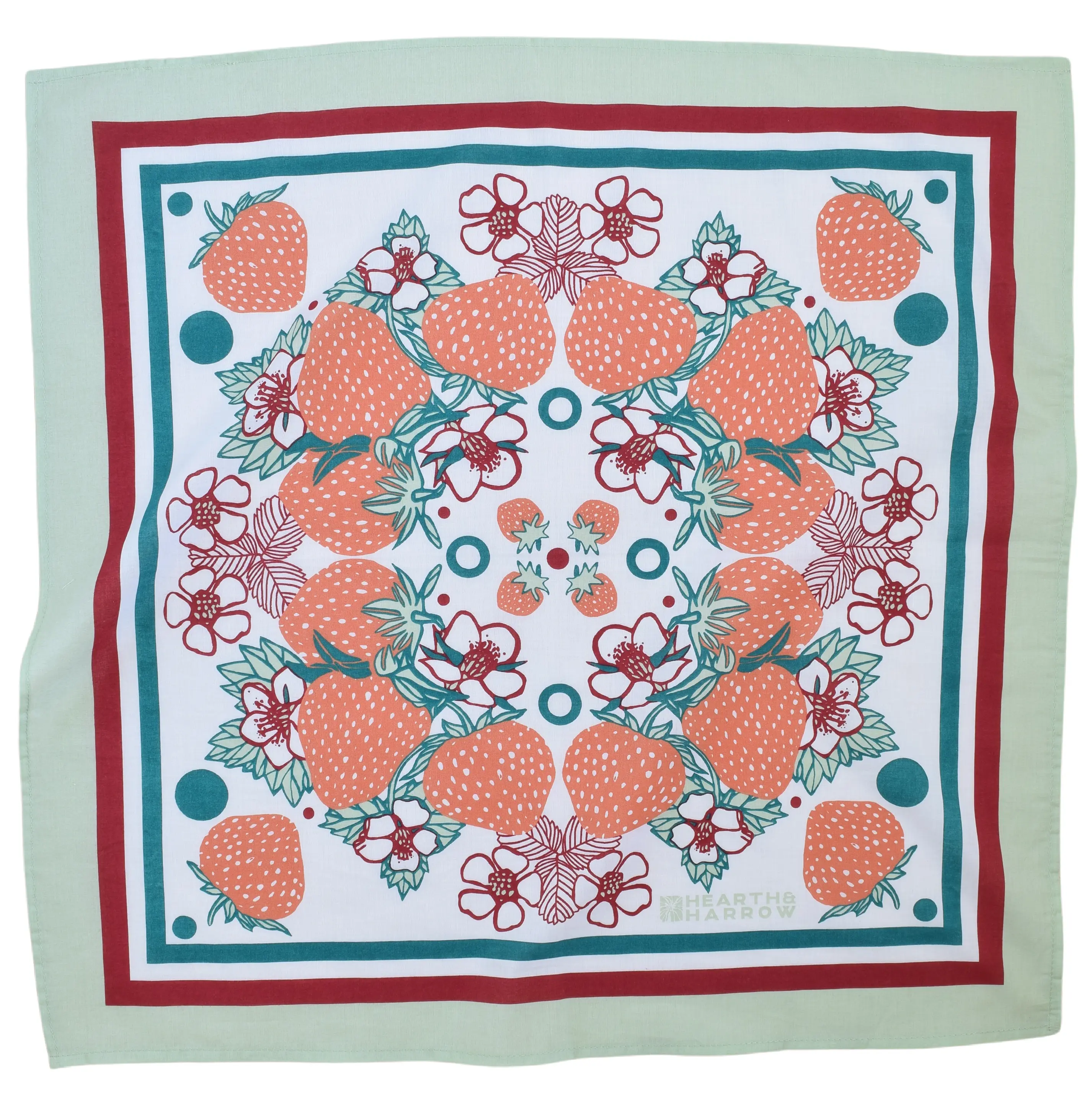 Strawberry Bandana - Red and Sage - Fruit Print - 22" x 22" - Neckerchief - Handkerchief - 100% Cotton - Hand Screen Printed - Designed in Maine - Vintage Vibe