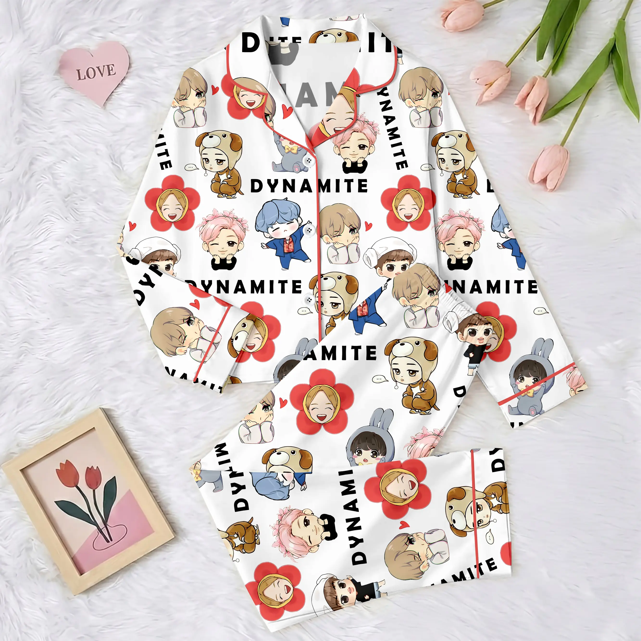 Bt-21 Cartoon Pajama Set, Satin Sleepwear, Kpop Pajama Set, Gift for Fans, Pajama Set for Kpop Fans,