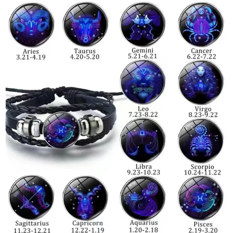 Zodiac Signs Spirit Bracelet - Adjustable 12 Constellation Black Leather Wrap Bracelet for Women Men with Positive Energy Glow-in-the-Dark Design Valentine’s Day Gift Protective Lucky Charm Jewelry