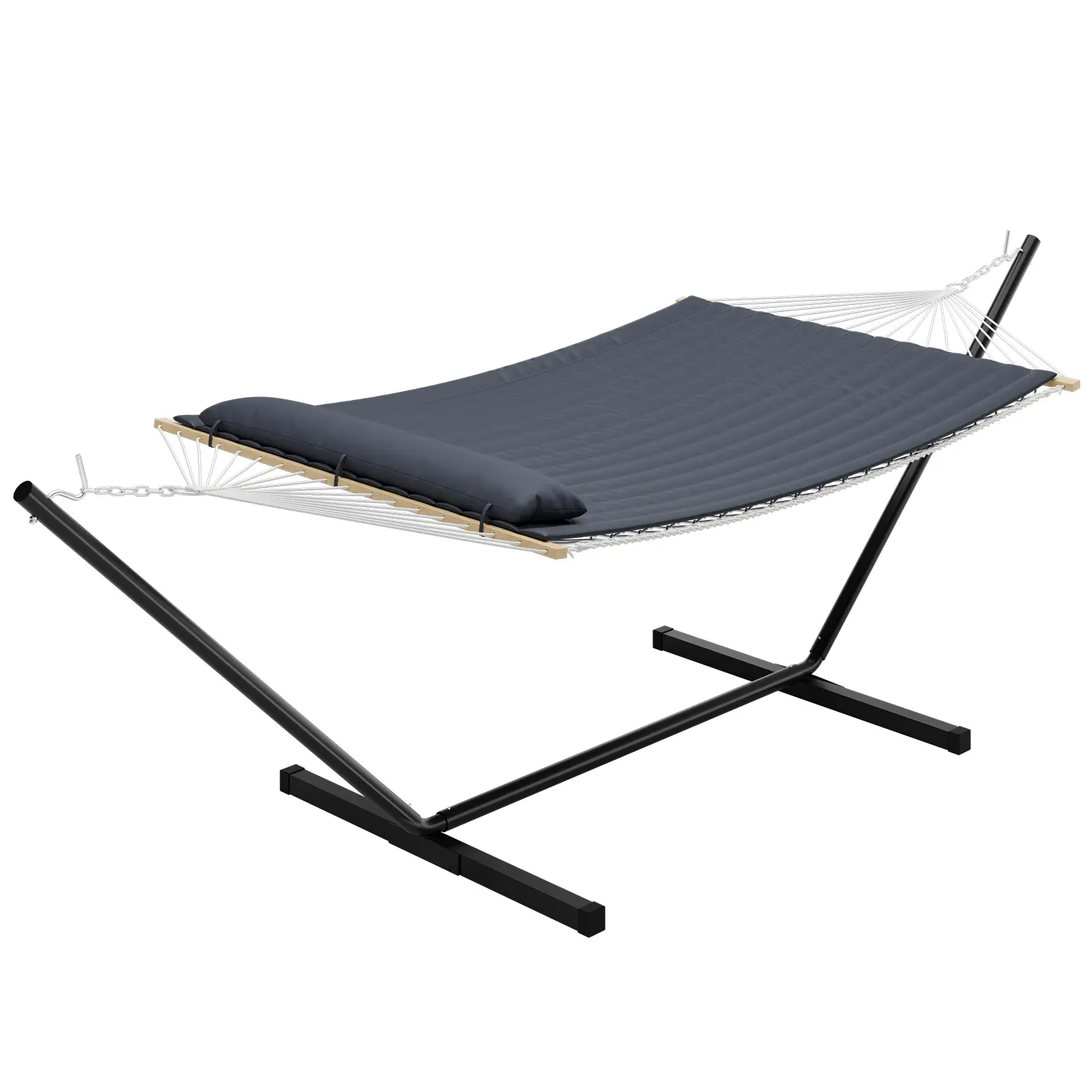 Heavy Duty Double Hammock with Stand - 2 Person Cotton Rope Design - 450 lbs Capacity - Polyester Pad & Pillow Included - Hardwood Spreader Bars - Easy Assembly for Backyard, Patio, Poolside, Outdoor/Indoor - Dark Grey/Off-Brand
